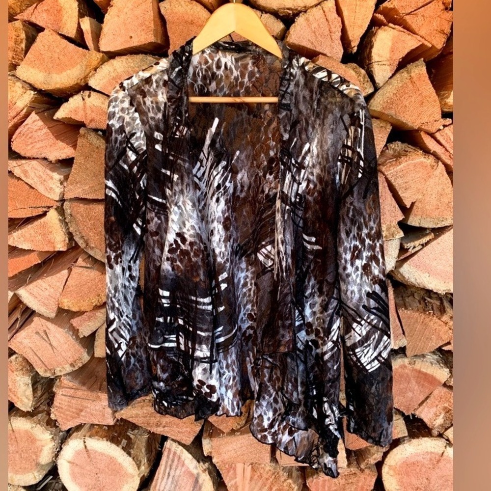 Clientele Sheer Lace Mesh Open Front Cardigan Abstract Animal Print Brown Black